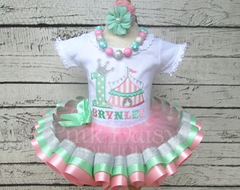 Circus Birthday Outfit - Pink Mint Silver Ribbon Tutu Set - Circus Tent - Under the Big Top - Carnival - Royal Princess - Vintage Carnival