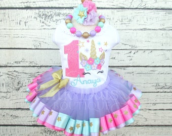 Unicorn Birthday Outfit - Unicorn Face - Stars - Lavender Pink Aqua Gold - Floral Crown - Flower - Horn - Ribbon Tutu - First Birthday Dress