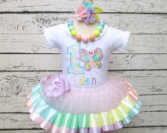 Butterfly Birthday Outfit - Pastel Tutu Set - Rainbow - Spring - First Birthday Dress - Ribbon Trim Tutu - Personalized Applique Shirt