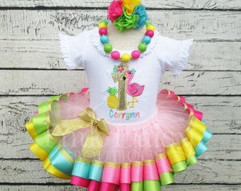 Flamingo Birthday Outfit - Ribbon Trim Tutu Set - Tropical Chic - Flowers - Floral - Pineapple - Flamingle - Ribbon Tutu - Birthday Dress