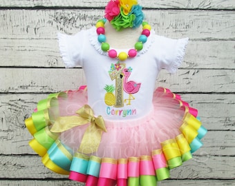 Flamingo Birthday Outfit - Ribbon Trim Tutu Set - Tropical Chic - Flowers - Floral - Pineapple - Flamingle - Ribbon Tutu - Birthday Dress