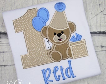 Teddy Bear Birthday Shirt Boy - Boys 1st Birthday Shirt - First Birthday - Embroidered - Monogrammed - Personalized - Appliqué - Baby Boy