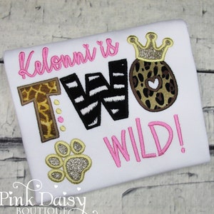 TWO Wild Birthday Shirt - Wild ONE - Wild and THREE - Animal Print - Safari Animal - Leopard Giraffe Zebra - Gold Princess Crown - Paw Print