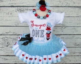 ONEderland Birthday Outfit - Alice in Wonderland - Ribbon Tutu Set - First Birthday Dress - Blue Black Red - Hearts - Teacups - Tea Party