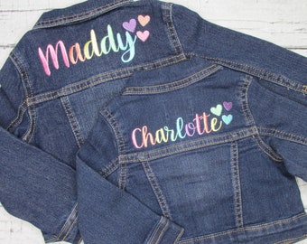 Girls Personalized Jean Jacket with Hearts - Embroidered Denim Jacket - Gift for Toddler Girl - Girls Jacket with Name on the Back - Rainbow