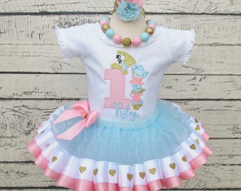 Alice in ONEderland Birthday Outfit - First Birthday Tutu Set - Wonderland Dress - Pink Blue Gold Hearts - Tea - Ribbon Tutu - Personalized