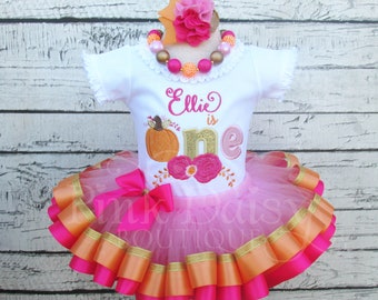 Pumpkin First Birthday Outfit - Boho Pumpkin 1st Birthday Tutu Set - Ribbon Trim Tutu - Applique Shirt - Floral Pumpkin - Flowers - Roses