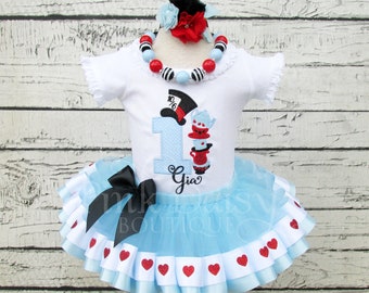 Alice in Wonderland Birthday Outfit - Alice in ONEderland Tutu - Blue Black Red Hearts - Mad Hatter - Tea Party - Unbirthday - 1st Birthday