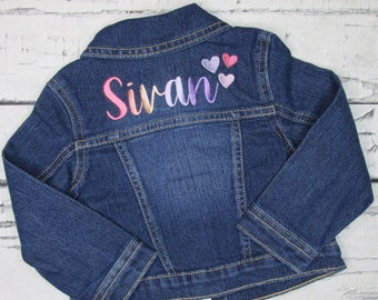 Girls Personalized Jean Jacket with Hearts - Embroidered Denim Jacket - Gift for Toddler Girl - Girls Jacket with Name on the Back - Rainbow