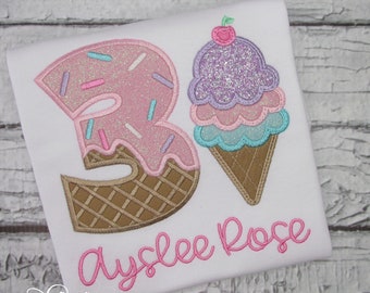 Ice Cream Birthday Shirt - Three Scoops - Third Birthday - 3rd Birthday - Applique Shirt - Embroidered Tee - Pastel Colors - Personalized