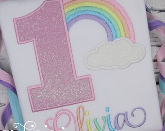 Rainbow Birthday Shirt - Pastel Rainbow with Pink Glitter Number - Applique Shirt - Personalized Rainbow Shirt for Baby Girl - 1st Birthday