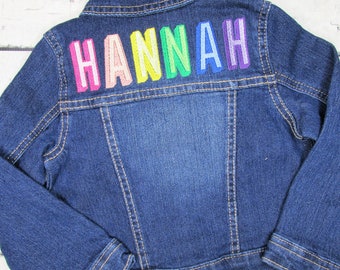 Personalized Jean Jacket -  Multi Color Drop Shadow Block Letters - Embroidered Jacket - Denim Jacket - Personalized Gift for Girl - Rainbow