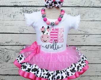 Cow Birthday Tutu Outfit - Farm Birthday Outfit - Cow 1st Birthday - Ribbon Trim Tutu - First Birthday Dress - Cow Print - Appliqué Shirt