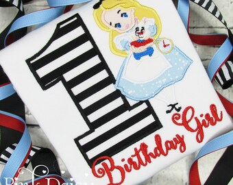 Alice in Wonderland Birthday Shirt - Alice in ONEderland - Black Stripes - White Rabbit - First Birthday - 1st Birthday - Applique Shirt