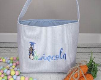 Seersucker Easter Basket Personalized - Embroidered Easter Tote - Monogrammed Easter Basket - Seersucker Easter Basket with Name and Rabbit