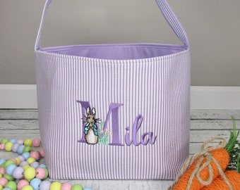 Seersucker Easter Basket Personalized - Embroidered Easter Tote - Monogrammed Easter Basket - Seersucker Easter Basket with Name and Rabbit