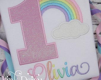 Rainbow Birthday Shirt - Pastel Rainbow with Pink Glitter Number - Applique Shirt - Personalized Rainbow Shirt for Baby Girl - 1st Birthday