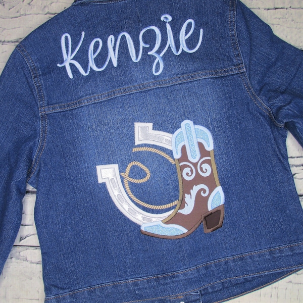 Personalized Jean Jacket for Girls with Cowgirl Boot, Rope, and Horseshoe - Denim Jacket with Name - Embroidered Jacket - Cowgirl Gifts