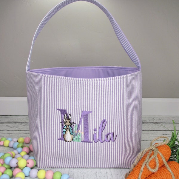 Seersucker Easter Basket Personalized - Embroidered Easter Tote - Monogrammed Easter Basket - Seersucker Easter Basket with Name and Rabbit