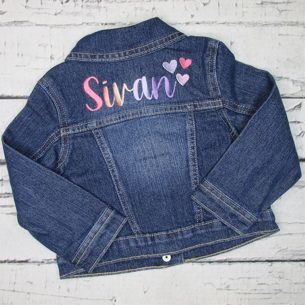 Girls Personalized Jean Jacket with Hearts - Embroidered Denim Jacket - Gift for Toddler Girl - Girls Jacket with Name on the Back - Rainbow