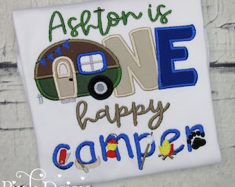 ONE Happy Camper Birthday Shirt Boy - Outdoors Birthday - Camping - Blue Green Brown - Personalized Applique Shirt - 1st Birthday Shirt Boy