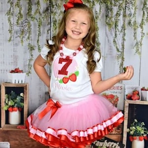 Strawberry Birthday Outfit - Pink Gingham - Ribbon Trim Tutu Set - Personalized Shirt - Embroidery - Birthday Tutu Set - Strawberries