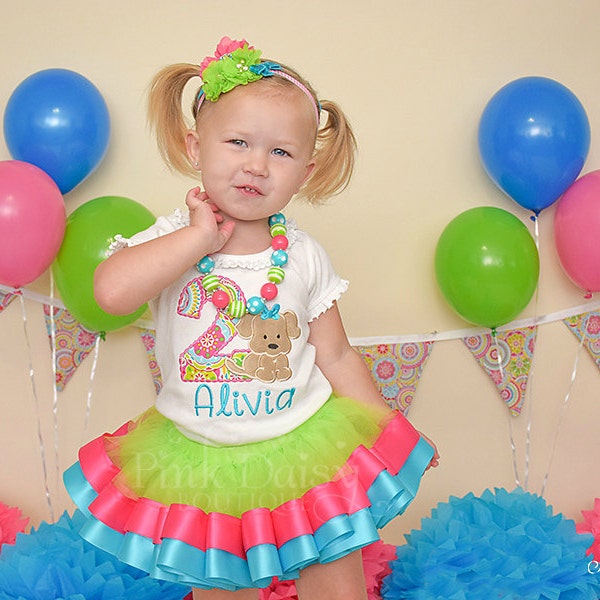 Girls Puppy Themed Appliqué Shirt and Ribbon Tutu Outfit in Shocking Pink, Lime Green, Turquoise with Matching Headband and Chunky Necklace