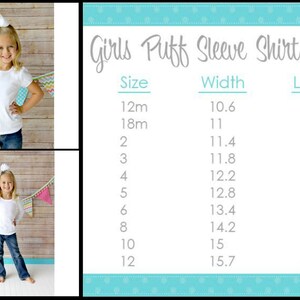 May include: A chart showing girls' puff sleeve shirt sizes with corresponding width and length measurements in inches. The chart includes sizes from 12 months to 12 years.