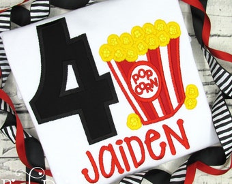 Boys Popcorn Birthday Shirt - Movies Birthday - Applique Shirt - Embroidered Shirt - 4th Birthday - Red Black Yellow - Personalized Tee