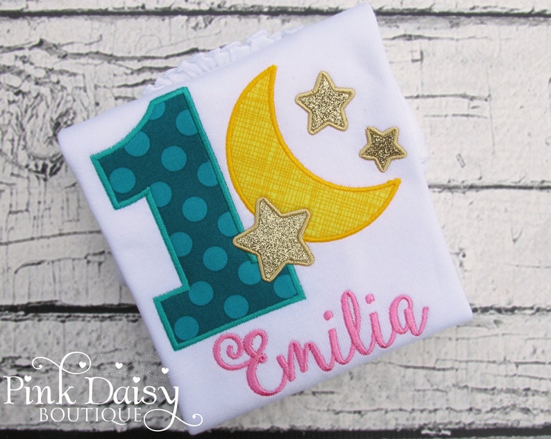 Moon and Stars Birthday Shirt Teal Pink Yellow Gold Polka Dots Night Sky Outer Space Good Night Applique Shirt First Birthday image 1