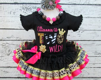 TWO Wild Birthday Outfit Girl - Animal Print Tutu - Zoo Birthday - Second Birthday - Ribbon Trim Tutu Skirt - Ribbon Tutu - Black Pink Gold