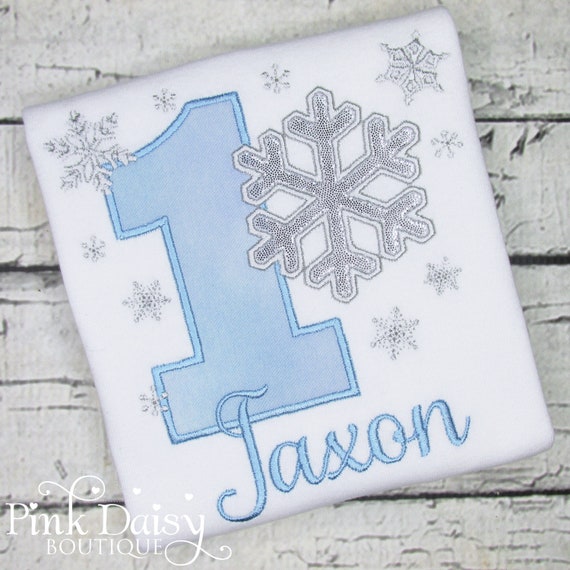 Winter ONEderland Birthday Shirt for Boys - Snowflake Birthday Shirt - Blue and Silver - First Birthday - Applique Shirt - Embroidered Shirt Il_570xn
