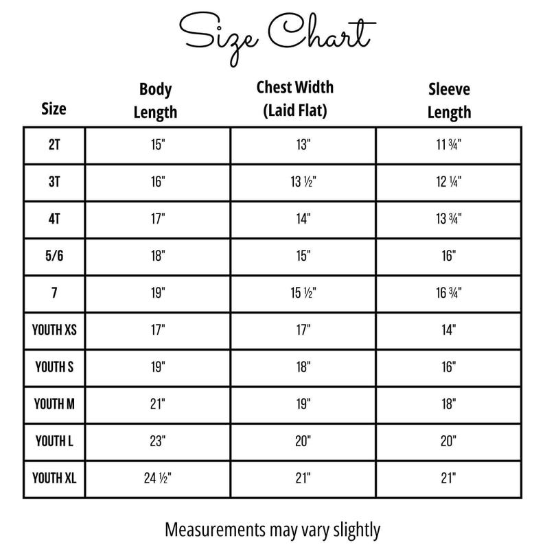 a size chart for different age groups, including children and youth, with measurements for chest width, sleeve length, and body length. The measurements may vary slightly, and the text indicates that the measurements may vary slightly.
