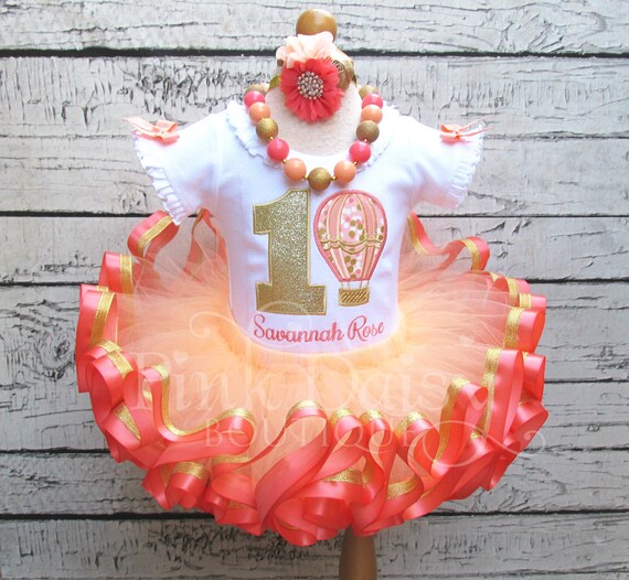 Hot Air Balloon Birthday Outfit - Hot Air Balloon Tutu - Ribbon Trim Tutu - Peach Coral Gold - Applique Tee - First Birthday - 1st Birthday Il_570xn