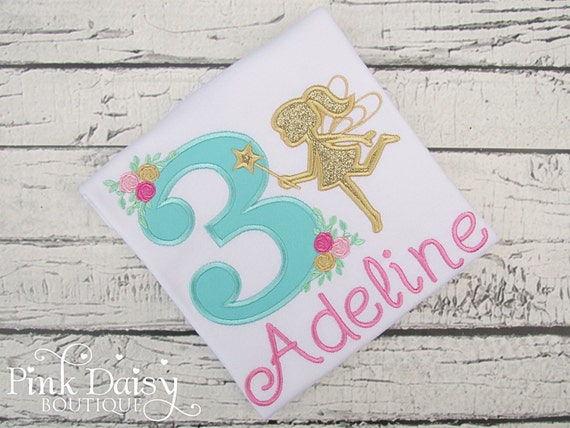 Girls Birthday Shirt - Fairy Birthday Shirt - Aqua Pink Gold Fairy Silhouette - Woodland Pixie - Appliqué Shirt - Floral - Roses - Teal Il_570xn