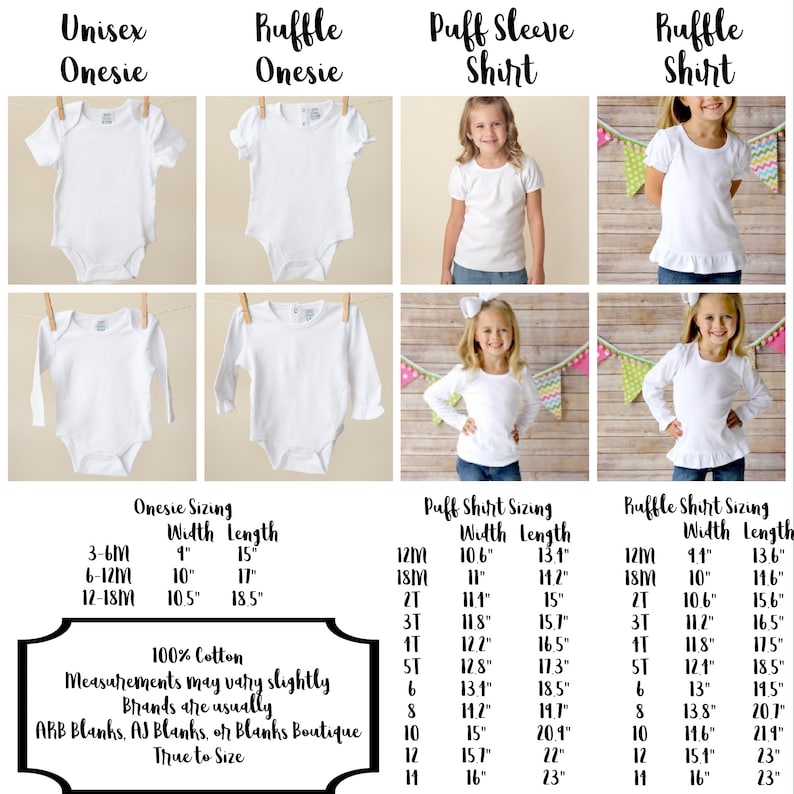 May include: Size chart for unisex onesies, ruffle onesies, puff sleeve shirts, and ruffle shirts. The chart shows width and length measurements in inches for sizes 3-6 months, 6-12 months, 12-18 months, 12 months, 18 months, 2T, 3T, 4T, 5T, 6, 8, 10, 12, and 11. The chart also includes the text "100% Cotton" and "Measurements may vary slightly. Brands are usually ARB Blanks, AJ Blanks, or Blanks Boutique. True to Size."