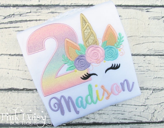 Unicorn Birthday Shirt - Pastel Unicorn - Rainbow Unicorn - Floral Unicorn - Unicorn Face - Gold Unicorn - Pastel Rainbow - Applique Shirt Il_570xn