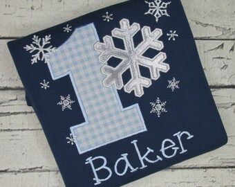 Winter ONEderland Birthday Shirt for Boys - Snowflake Birthday Shirt - Blue and Silver - First Birthday - Applique Shirt - Embroidered Shirt