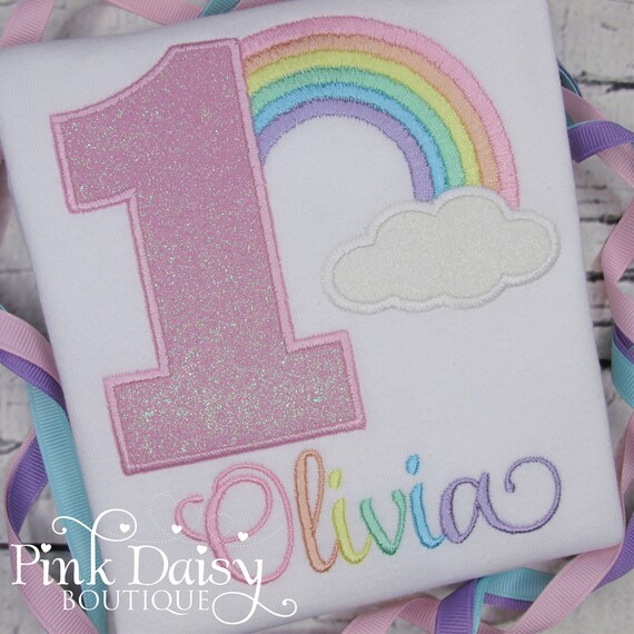 Rainbow Birthday Shirt - Pastel Rainbow with Pink Glitter Number - Applique Shirt - Personalized Rainbow Shirt for Baby Girl - 1st Birthday Il_570xn