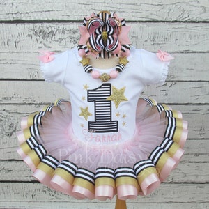 Star First Birthday Outfit Twinkle Little Star Our Shining Star Pink and Gold Black Stripes Pink and Black Ribbon Trim Tutu Set image 1