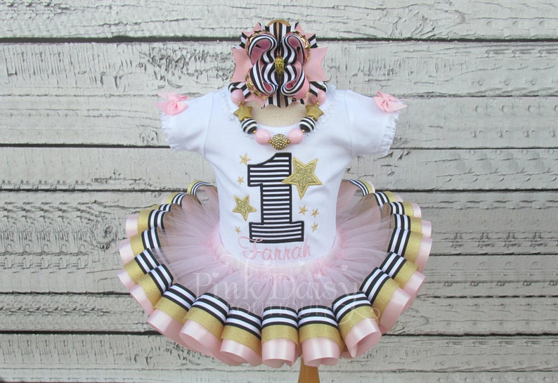Star First Birthday Outfit Twinkle Little Star Our Shining Star Pink and Gold Black Stripes Pink and Black Ribbon Trim Tutu Set image 1
