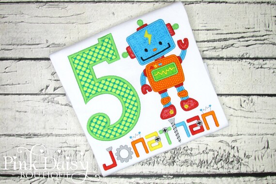 Robot Birthday Shirt - Applique Shirt - Embroidered Shirt - 5th Birthday Tee - Fifth Birthday - Robotics - Personalized Tee - Rainbow Colors Il_570xn