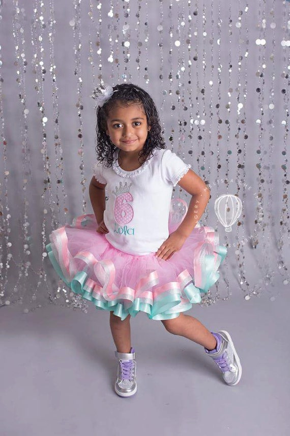 Pink Aqua Silver Princess Tutu Outfit - Ribbon Trimmed Tutu Birthday Set - Sixth Birthday - Pink and Teal - Royal Princess Outfit Il_570xn