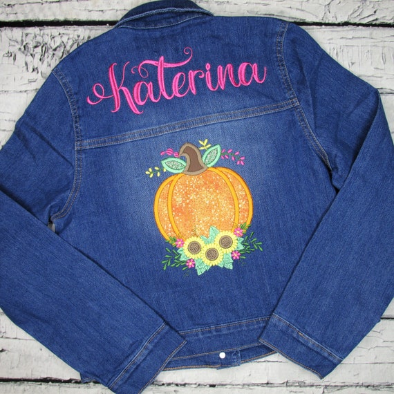 Personalized Jean Jacket for Girls With Pumpkin and Sunflowers 