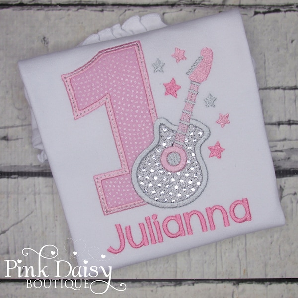 Guitar Birthday Shirt Girl - Rock and Roll - Pink and Silver - 1st Birthday Shirt - Personalized Shirt - Embroidery - Rock Star - First Bday