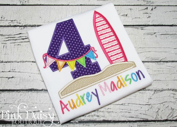 Girls Surf Birthday Shirt - Rainbow Colors - Beach Theme - Surfboard - Embroidered Tee - Applique Shirt -Fourth Birthday - 4th - Surfing Il_570xn