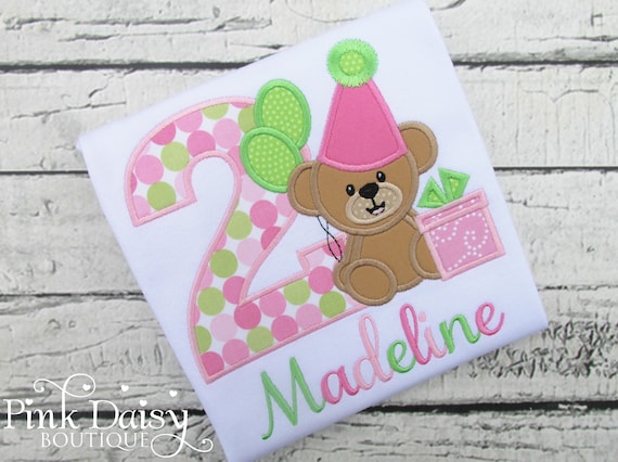 Teddy Bear Birthday Shirt - Girls Birthday Shirt - Teddy Bear Shirt - Presents - Balloons - Teddy Bear Theme - Applique Shirt - Pink Green Il_570xn