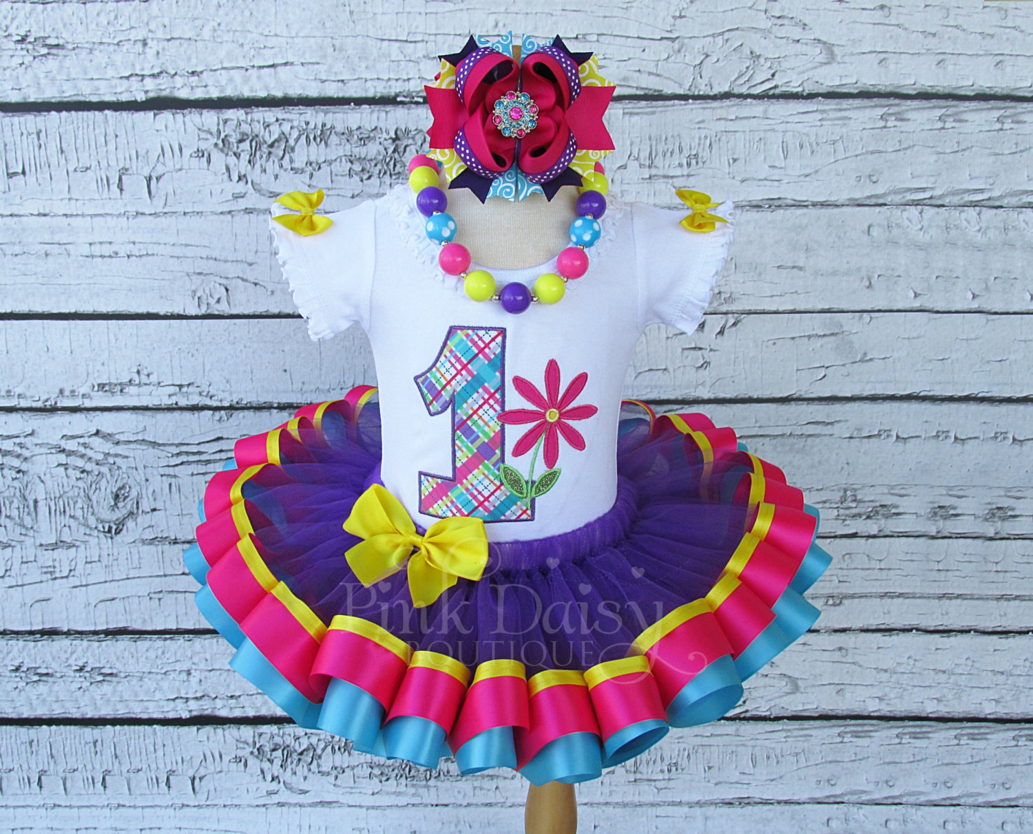 Girls Daisy Flower Garden Appliqué Shirt and Ribbon Tutu Birthday Set  W/matching Bow and Chunky Necklace Pink Purple Turquoise Yellow 