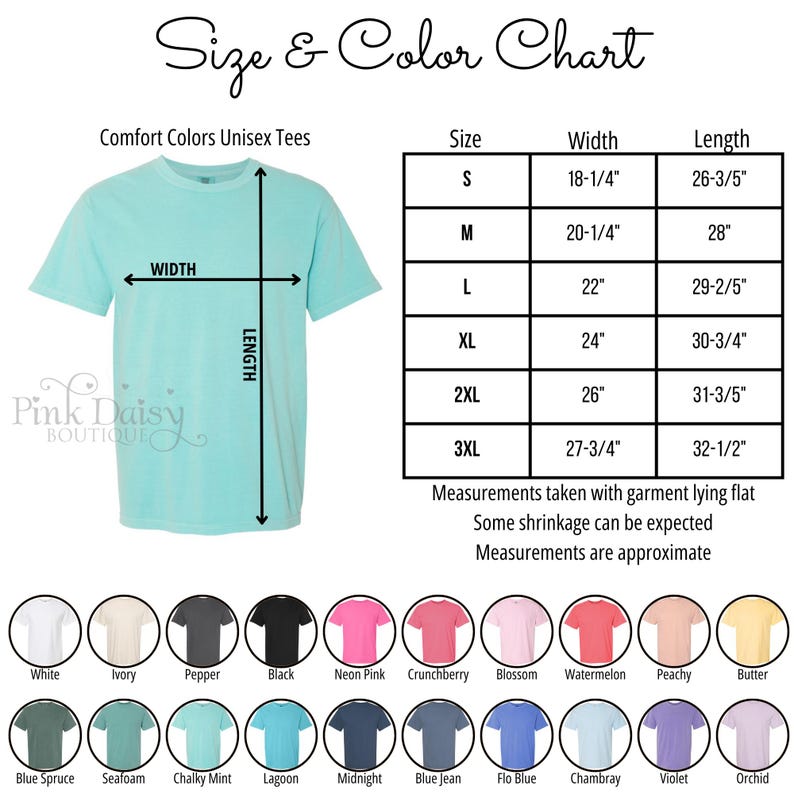 May include: Size and color chart for Comfort Colors unisex tees. The chart shows measurements for sizes S to 3XL, with widths from 18-1/4" to 27-3/4" and lengths from 26-3/5" to 32-1/2". Includes a color palette with options like white, black, and neon pink.