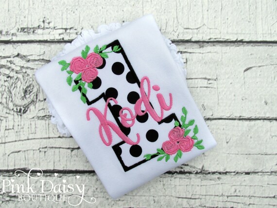 Girls Birthday Shirt - Black and White - Polka Dots - Pink Roses - First Birthday Shirt - Flowers - Floral - Monogrammed - Applique Shirt Il_570xn